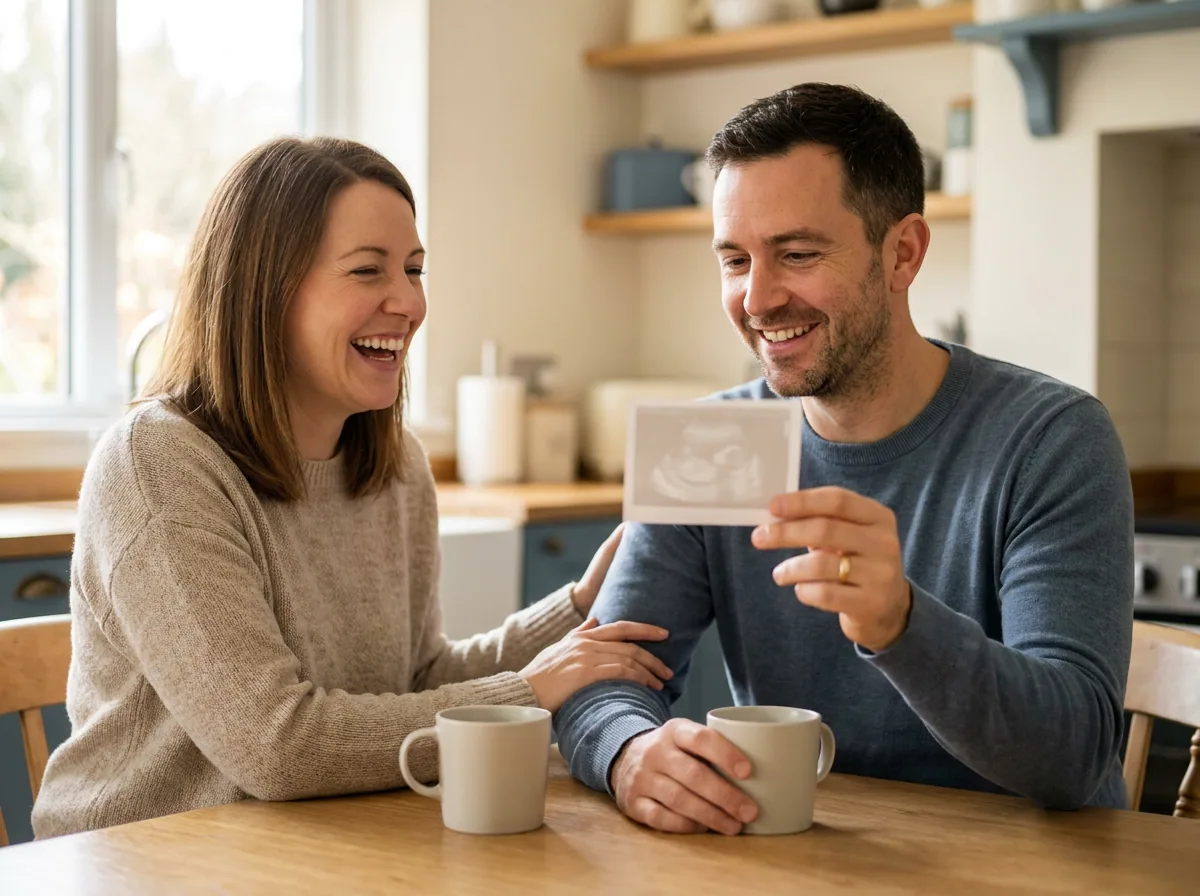 A couple at their kitchen table looking together at an ultrasound scan photo