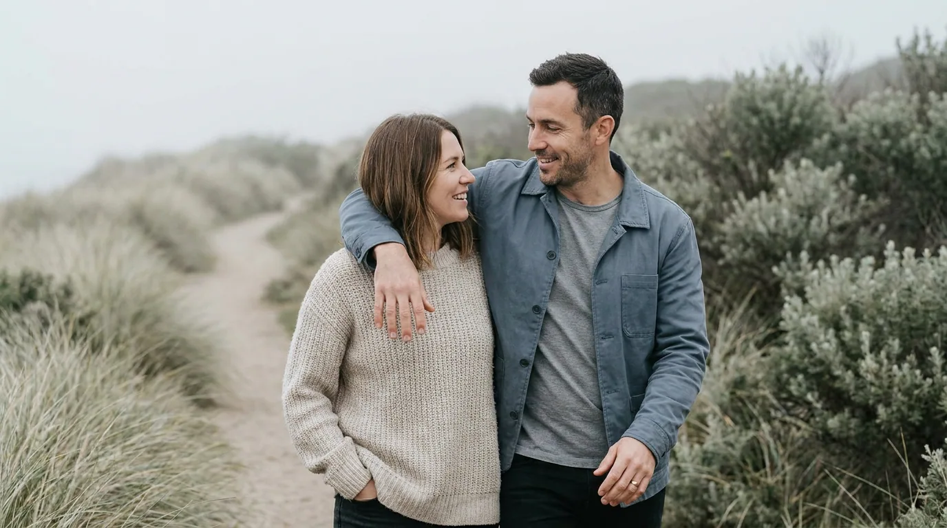 A couple walking together on a bright autumn morning