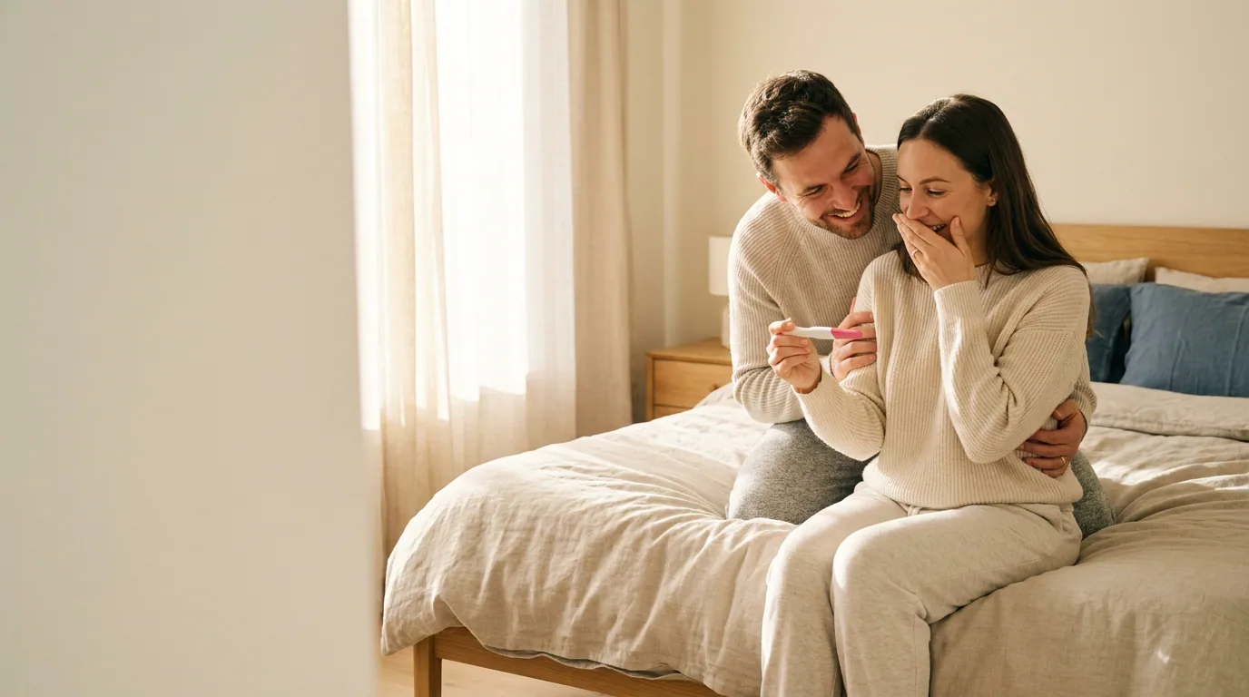 A couple sitting on the edge of their bed looking together at a positive pregnancy test