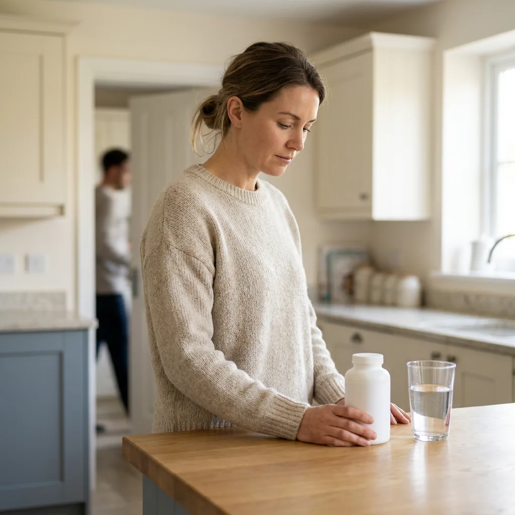 A woman starting her own routine alone at the kitchen counter while her partner passes by in the next room