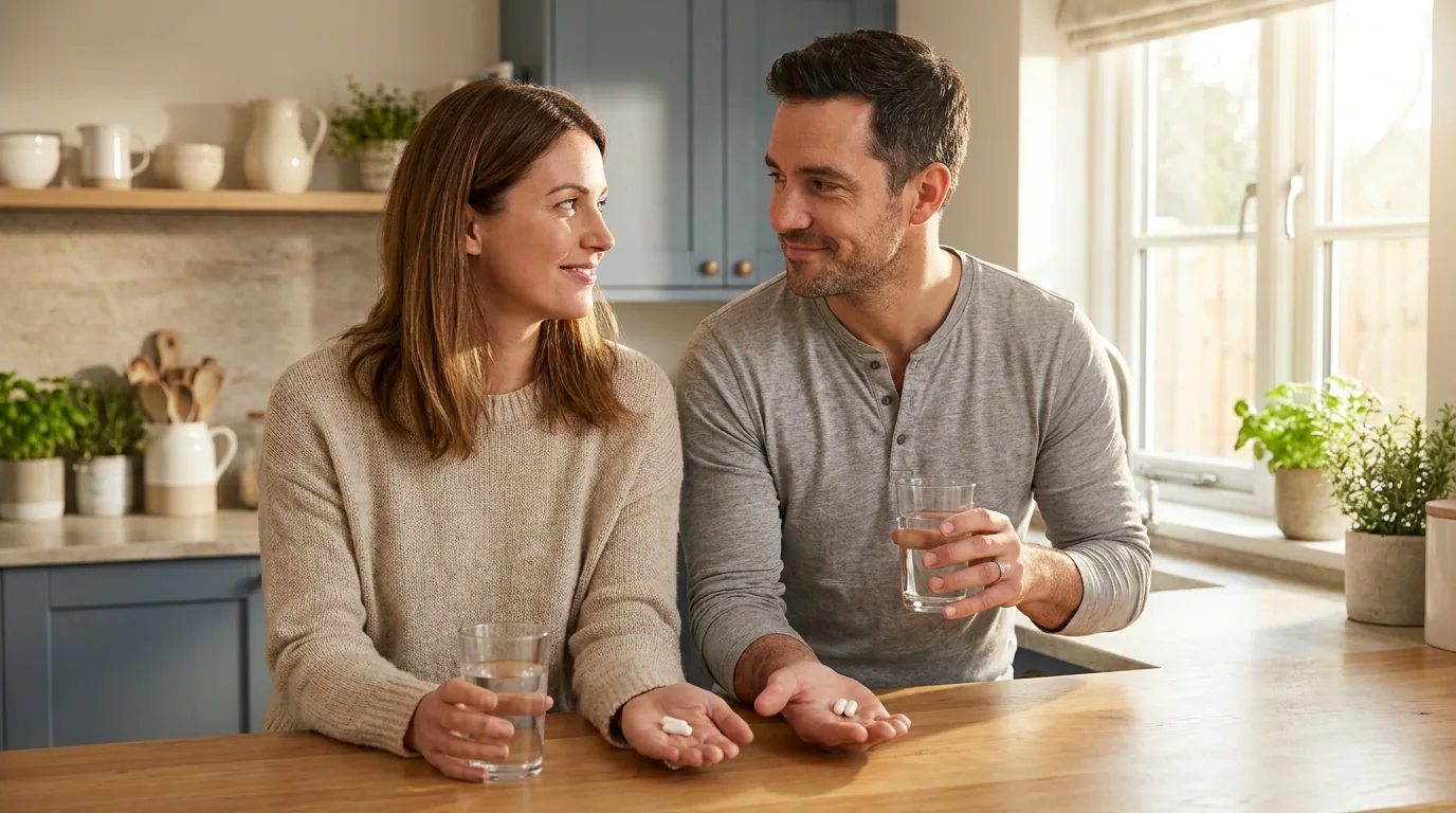 A couple taking their capsules side by side at the kitchen counter in the morning