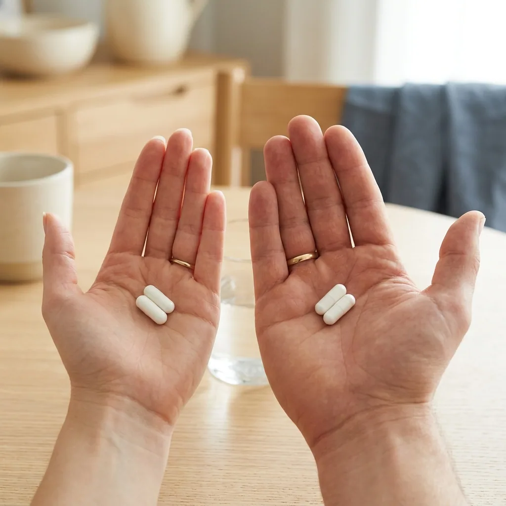 Two different hands side by side, each holding two capsules